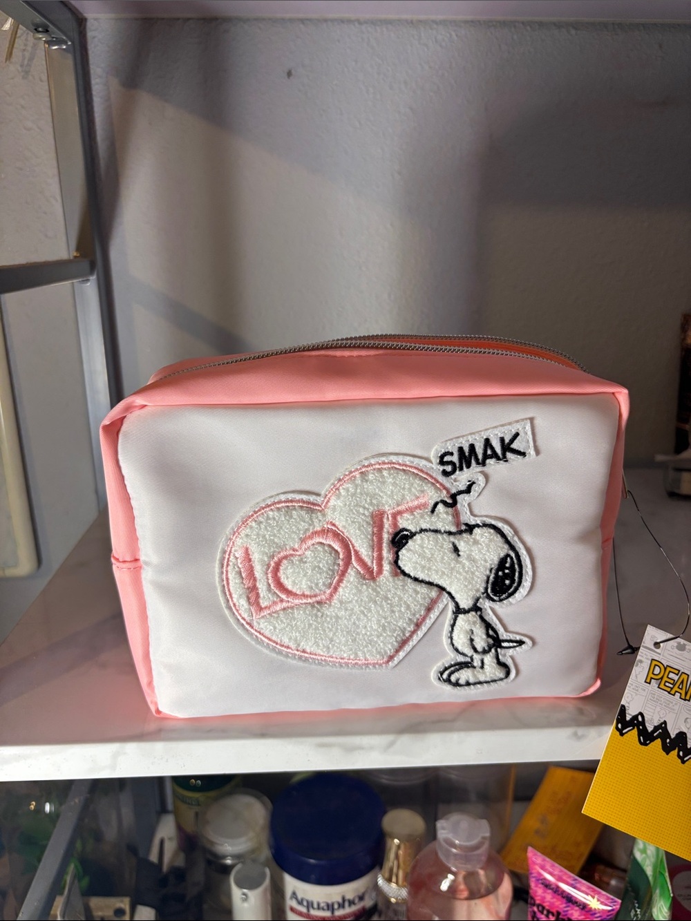 Peanuts Pink & White Snoopy Cosmetic Case with Love Embroidery